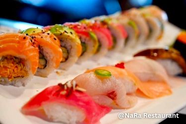 Variety of sushi rolls and sashimi from NaRa Restaurant