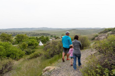 a family hiking together